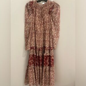 Pink midi tired ruffle dress with gold details